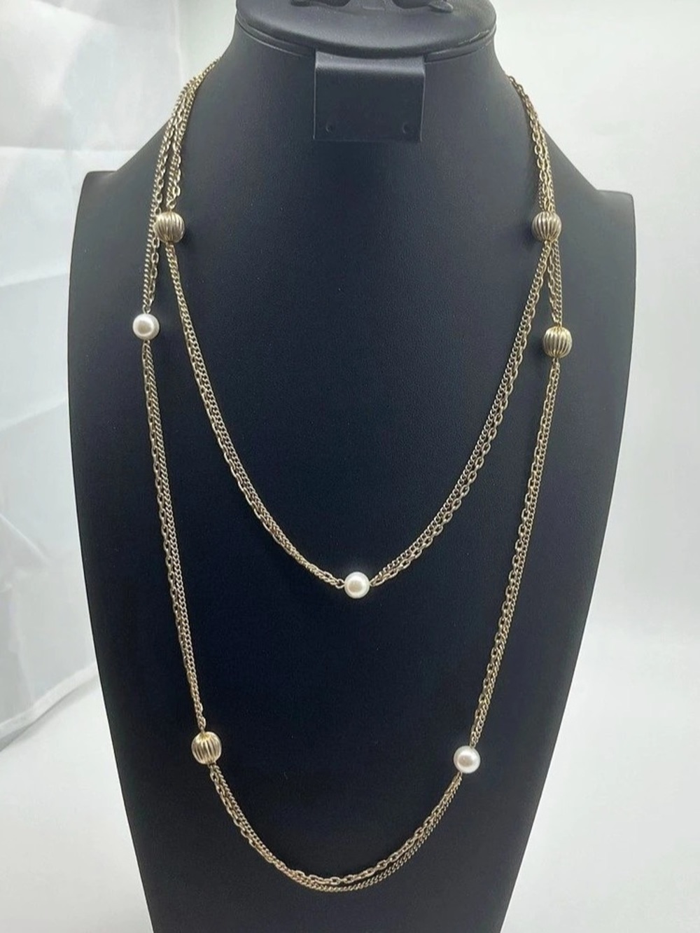 Vintage Gold Tone Two Chain Strand Station Long Necklace Glass Pearls Metal 54”